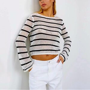NWT MANGO Black Cream Striped Openwork Sweater S